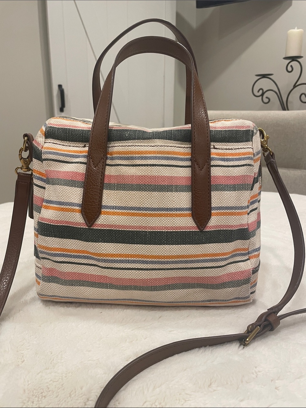 Fossil Multicolor Striped Canvas Crossbody with Brown Leather Trim